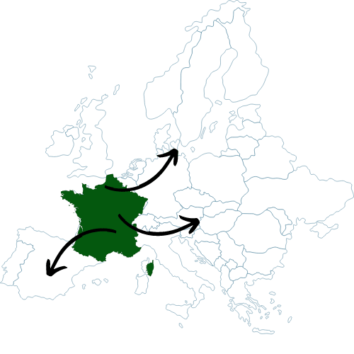 Carte des avantages de la Carte Bleue Européenne avec OpenWork. France en vert, flèches vers autres pays de l'Union européenne pour montrer la mobilité.